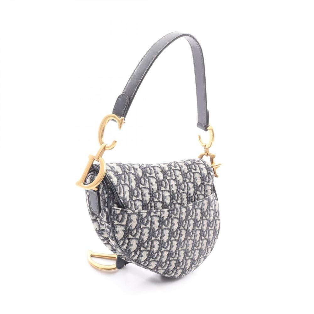 Dior Saddle Bag Oblique Jacquard Canvas Leather Handbag Beige Tan Navy Blue - Picture 2 of 8
